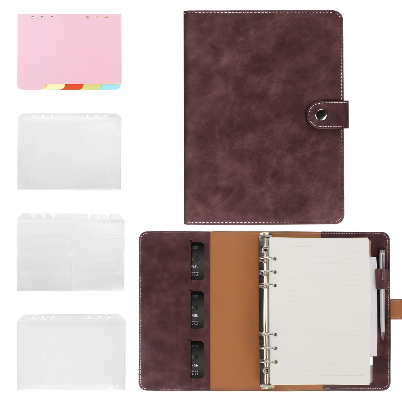 ZenTiky A5 PU Leather Binder - 6 Ring Refillable Notebook with Pockets and Dividers - Coffee