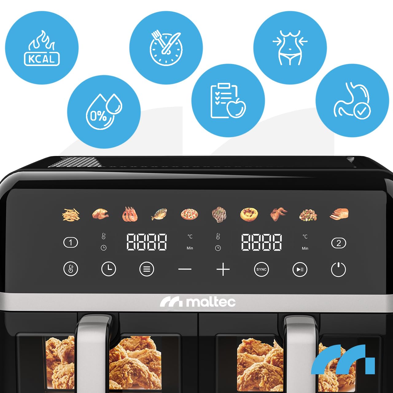 MalTec Frytkownica na gorące powietrze XL, 2 komory z okienkiem, 10 l Airfryer, ekran dotykowy, 2800 W, 10 programów, frytkownica bez oleju i gotowanie niskotłuszczowe