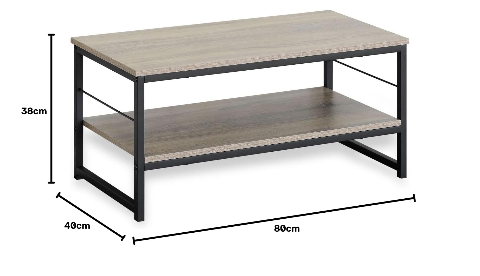 INDE MOBLEKIT | Tavolino rettangolare 80x40x38 cm con 2 ripiani, struttura in metallo nero e piano in legno opaco, tavolino laterale per soggiorno, ripiano basso o tavolino da caffè
