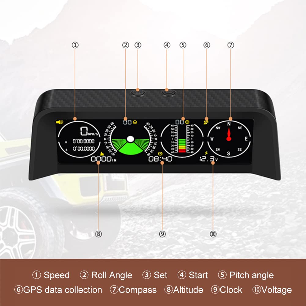 Auto-Neigungsmesser,HUD Head Up Display GPS Geschwindigkeitsmesser MPH Kompass Digitaler Neigungswinkelmesser Höhenmesser für Auto, Off-Road (01)