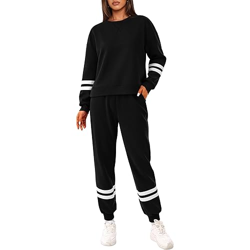 PRETTYGARDEN Women's 2 Piece Outfit Tracksuit Striped Long Sleeve Pullover Sweatshirt Long Sweatpants Sweatsuit Sets