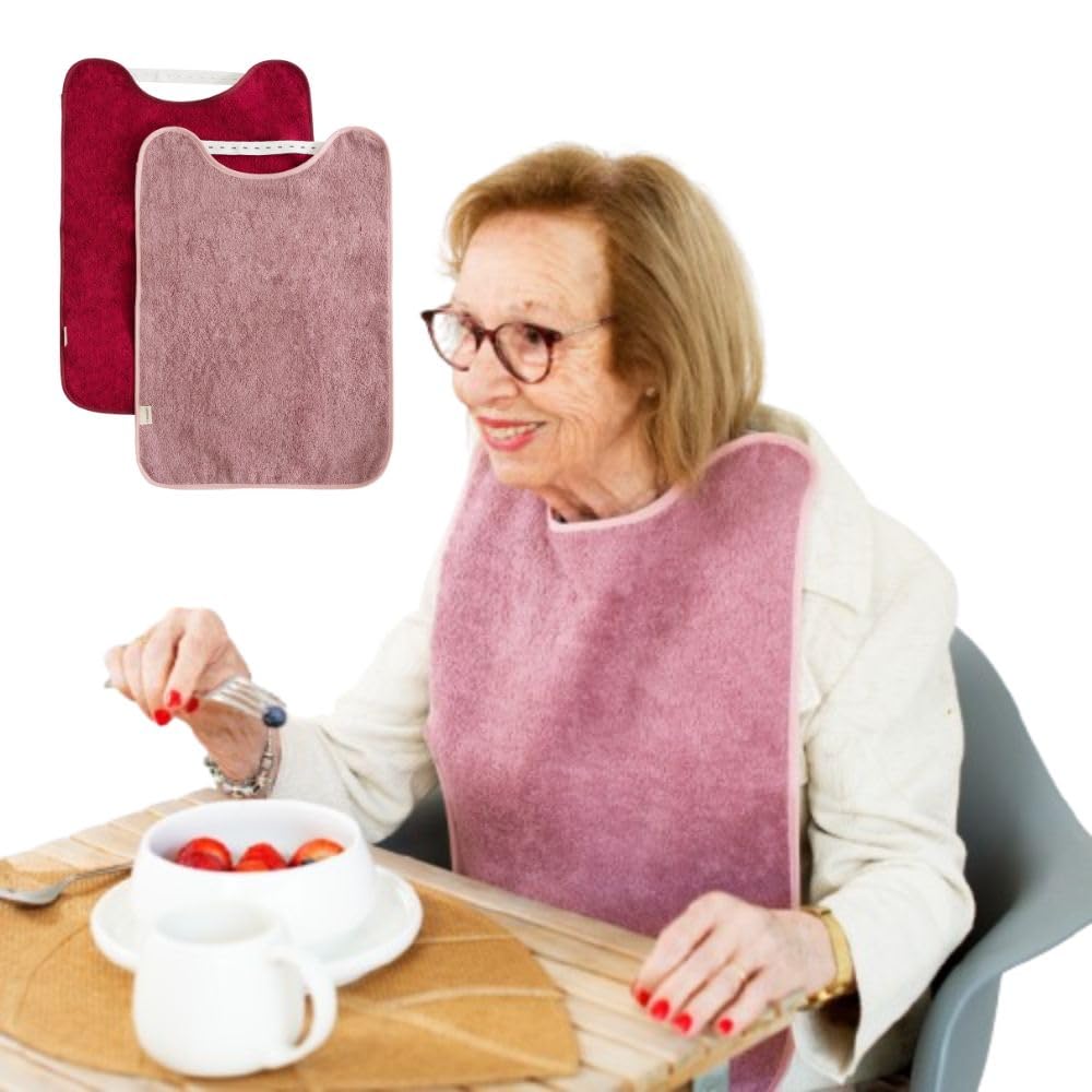Baberos para Adultos - Pack 2 | Impermeables, Reutilizables y Lavables | Con Goma Ajustable | Tela Exterior Rizo e Interior Plástico | Baberos para Mayores y Niños Mayores