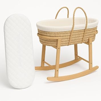Infant Foam Moses Basket Mattress, Thick and Super Soft, Oval Shaped Mattress Fits Mamas & Papas Mothercare, Double Sided, Removeable Quilted Zip Cover, Made in UK 74 x 33 x 4 CM