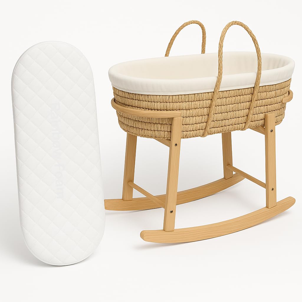BUY ALL HERE Infant Foam Moses Basket Mattress, Thick and Super Soft, Oval Shaped Mattress, Double Sided, Removeable/Washable Quilted Cover, Made in UK (74 x 30 x 4 CM)