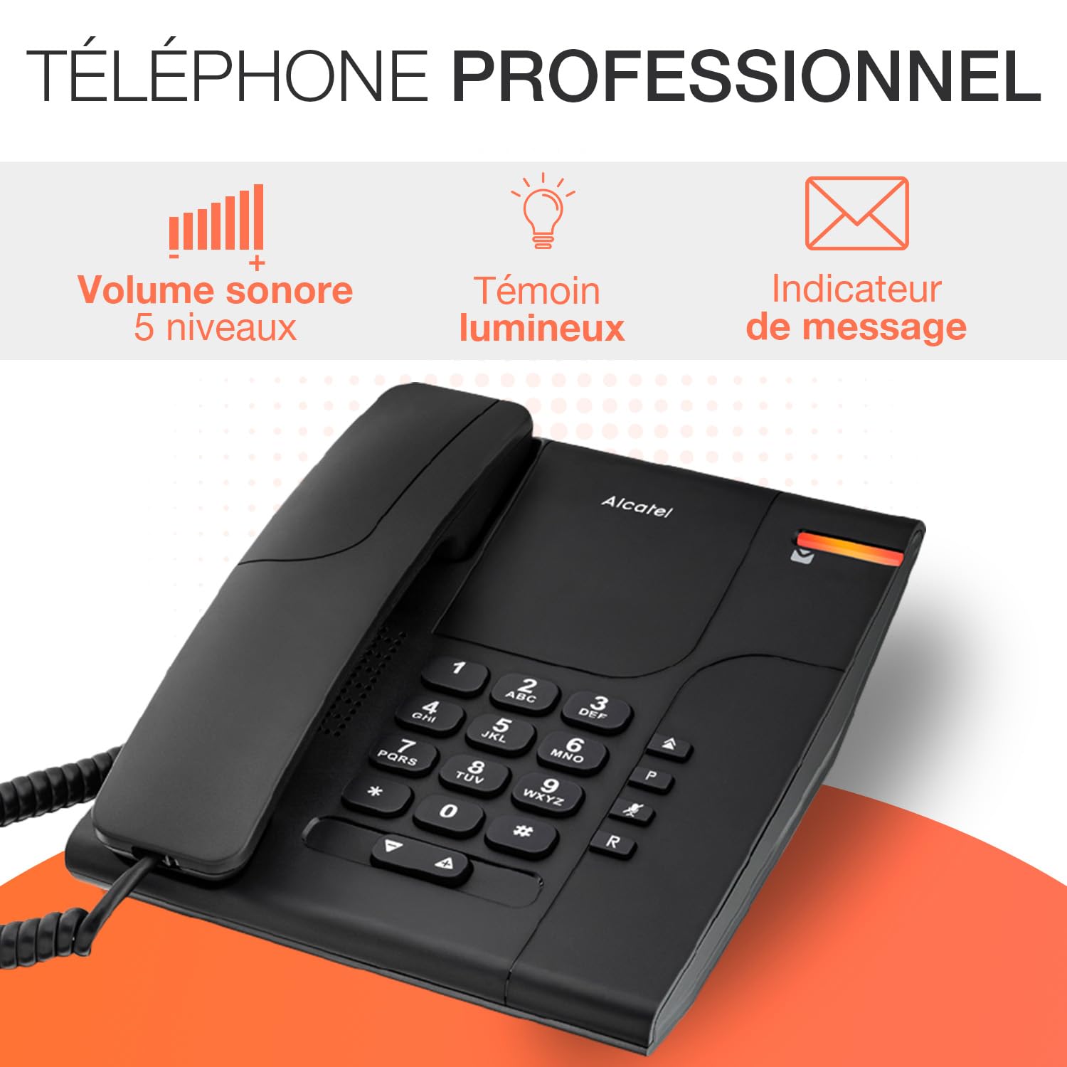 ALCATEL Temporis 180 PRO - Téléphone Fixe Filaire Professionnel - Bibloc -Touche Mute - Indicateur Lumineux - Volume Réglable - Touche Rappel - Installation Bureau/Mur - Noir