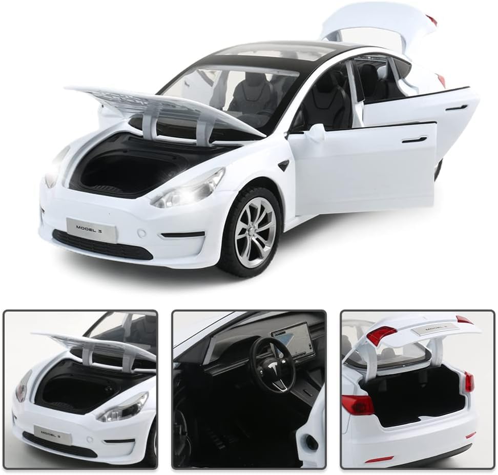 Image of DEOXY 1:24 Scale Tesla Model 3 Die-Cast Toy Car - Black Electric Vehicle Model with Openable Doors, Hood & Trunk, Pull Back Action, Lights & Sound - Metal Body for Kids