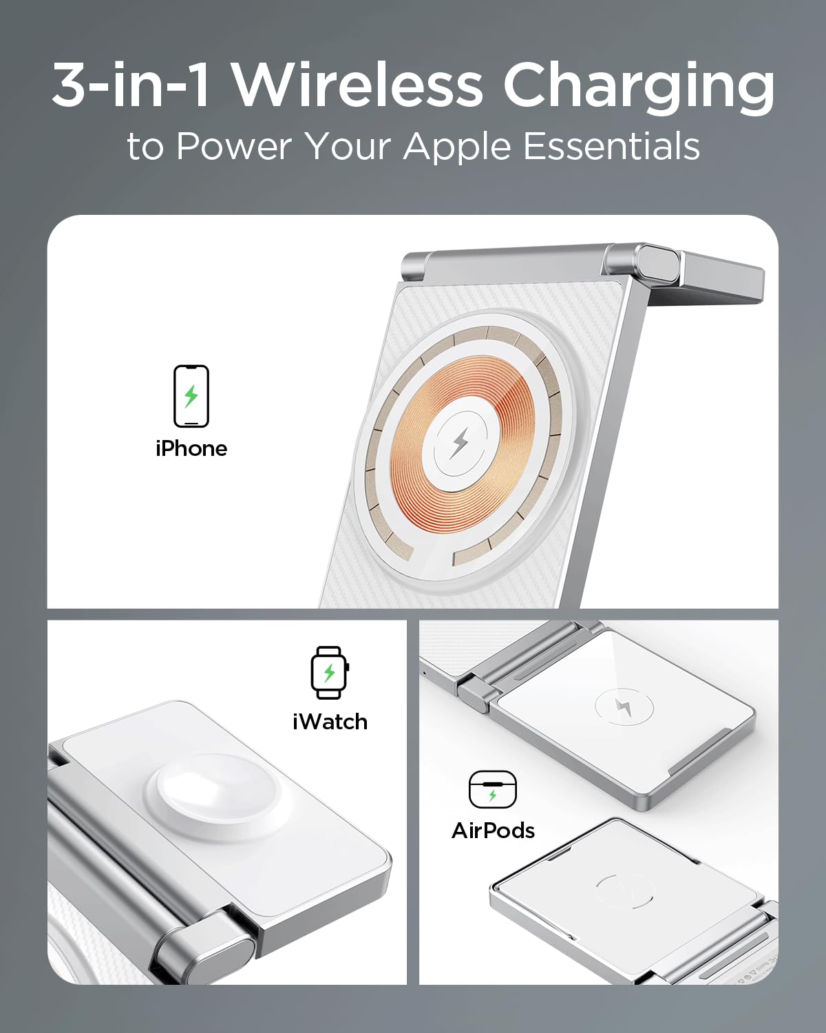 Hohosb Caricatore wireless 3 in 1 pieghevole in lega di zinco[Compatibile con il caricatore Magsafe],Stazione di ricarica magnetica per iPhone serie 15/14/13/12,per AirPods,iWatch-Bianca