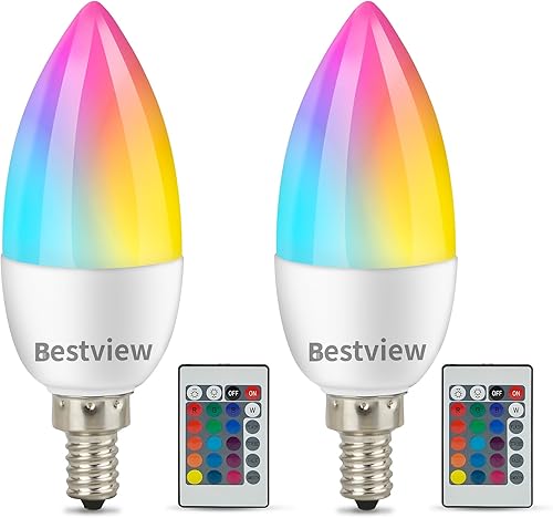 Bestview Bombillas E12 que cambian de color, bombillas LED RGB multicolor con control remoto, base RGBW blanca de 3 W, bombilla de luz de color para