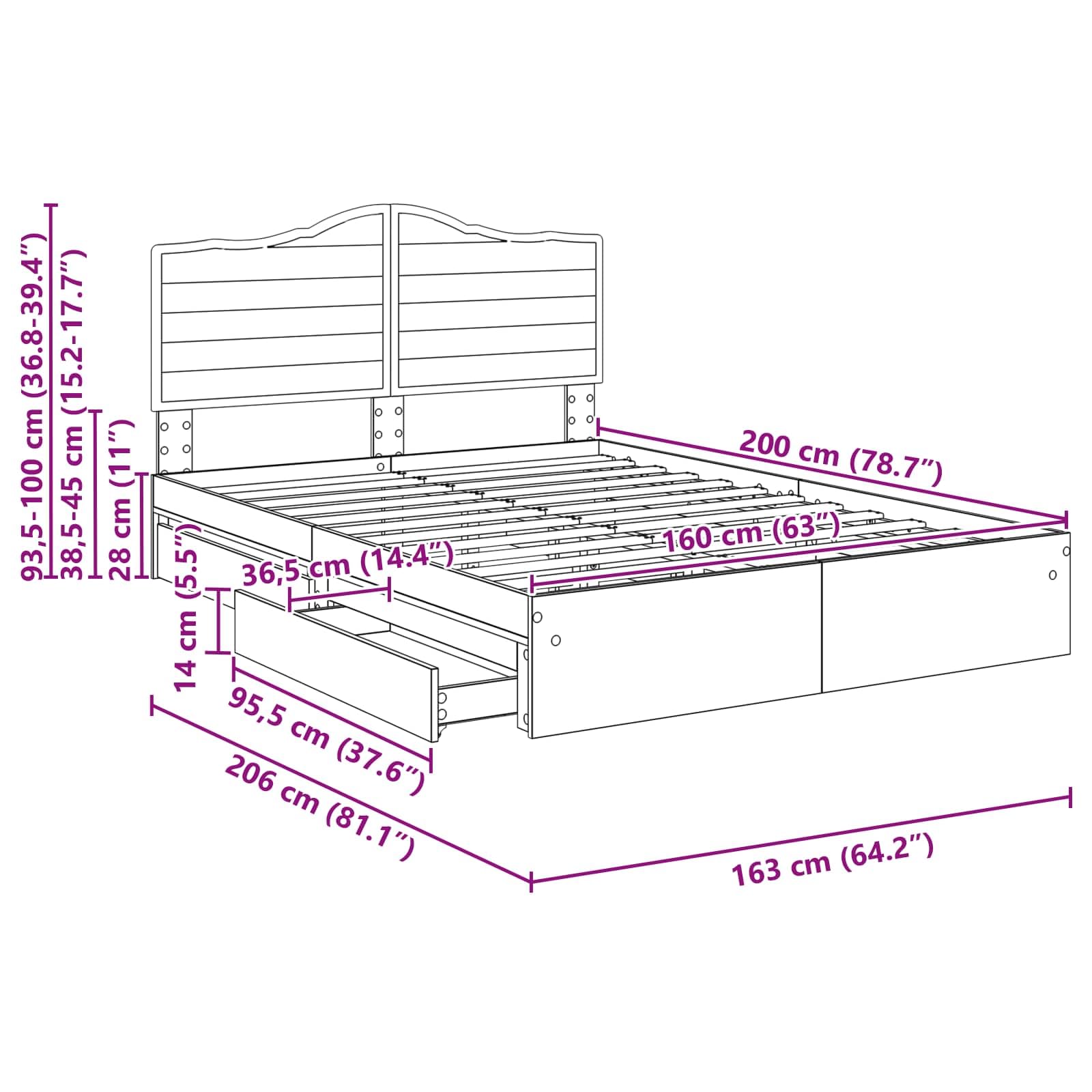 Lit de rangement en chêne fumé - 160 x 200 cm - Moderne - Avec espace de rangement et cadre de lit stable - Convient pour matelas et sommier à lattes