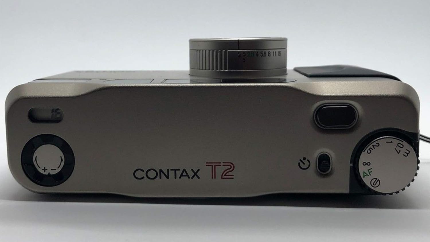 The Contax T2 camera stored within its black leather case.