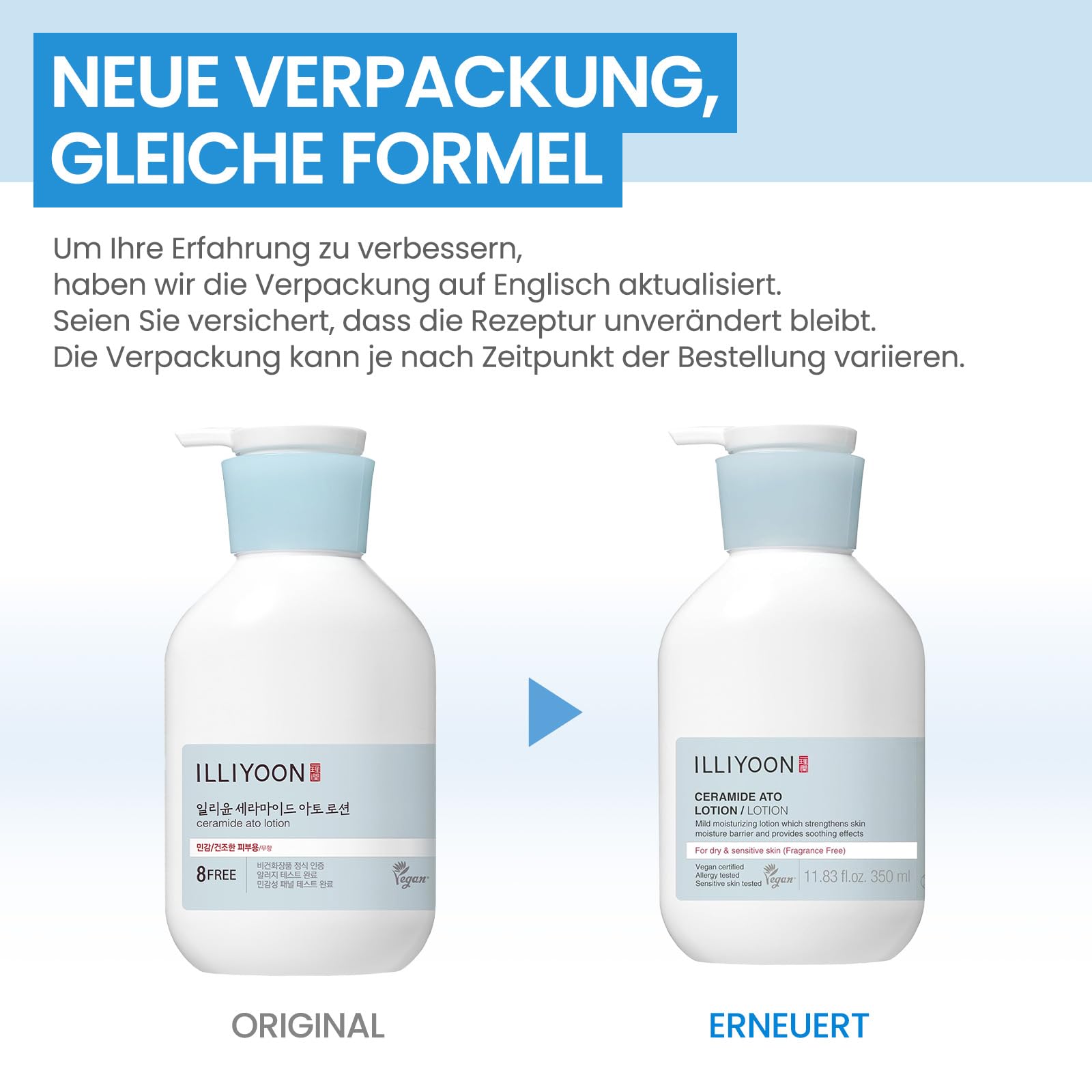 ILLIYOON Ceramide Ato Lotion 350ml, Stärkung & Wiederherstellung der Hautbarriere, Soja Ceramide für trockene empfindliche Haut, Sanfte Feuchtigkeitscreme für Kinder und Erwachsene, Vegan, Duftfrei