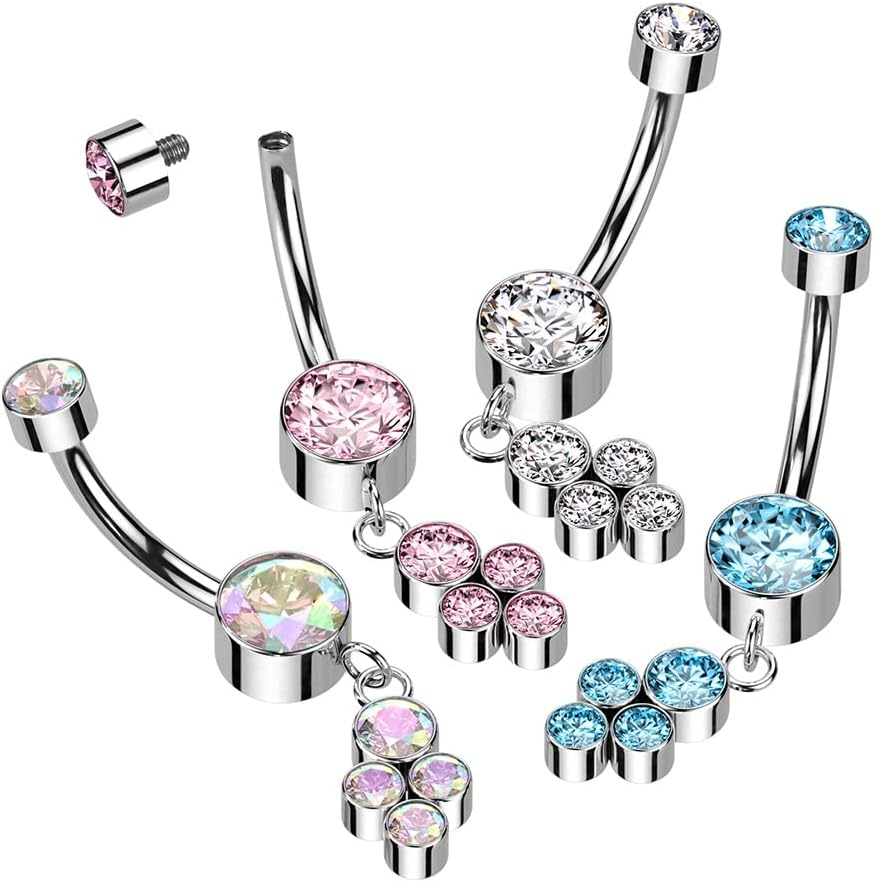 Pierced Owl 14GA F136 Implant Grade Titanium Internally Threaded Double CZ Crystal with Dangling Crystal Cluster Belly Button Ring