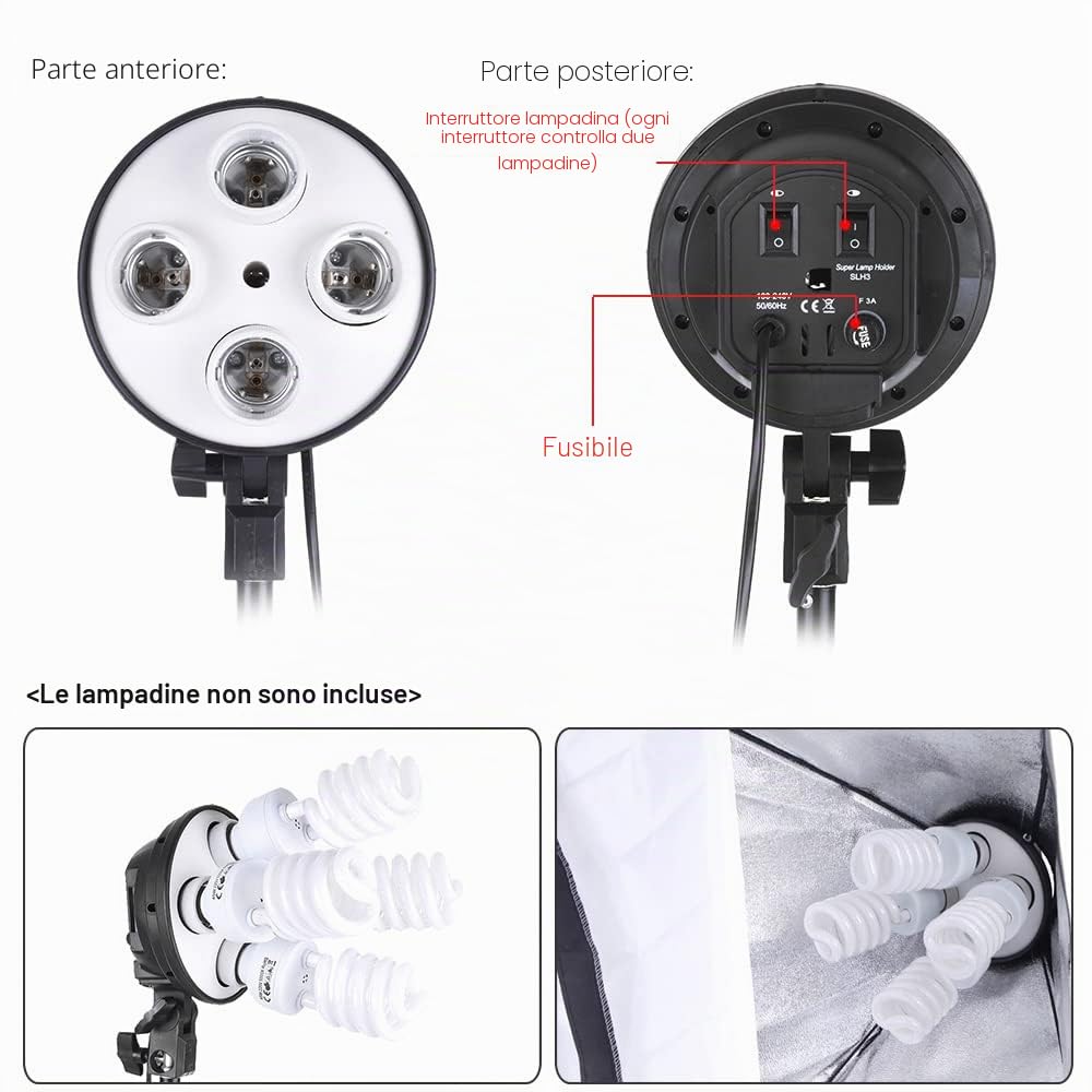Andoer Set illuminazione softbox 2 x 50x70 cm, 2 x 4 in 1, 2 trépiedi luce 2 m, borsa trasporto per studio ritratto, fotografia prodotto, foto moda, YouTube