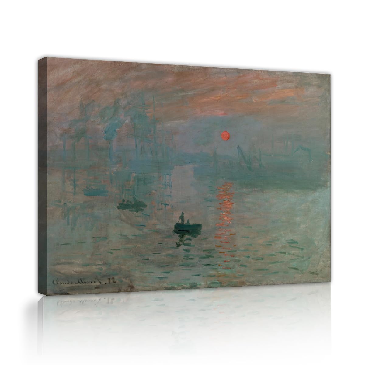 TOANGWALL Claude Monet Impression Sunrise 1872 Framed Canvas Wall Art Guest Room Harbor Red Sun Famous Classical Paintings for Dining Room Decor 65x80cm