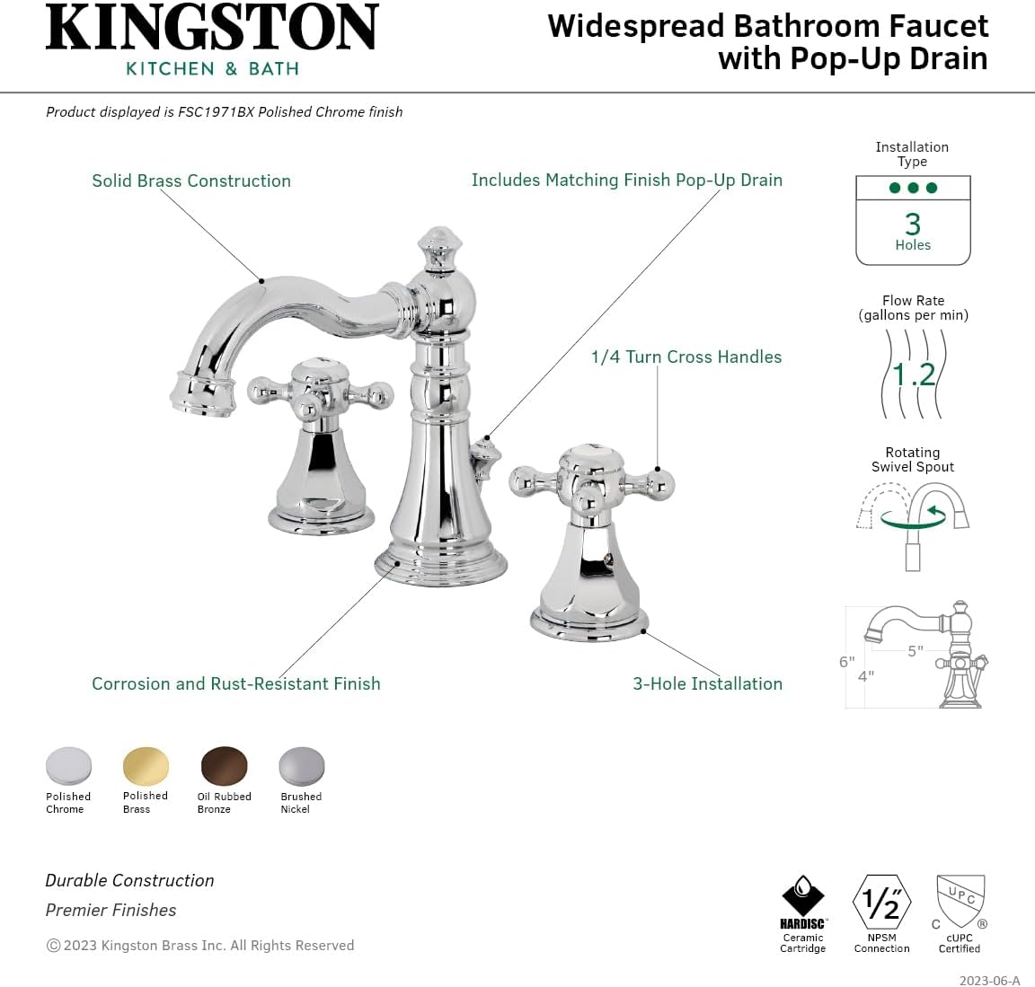 Kingston Brass FSC1972BX Metropolitan Widespread Bathroom Faucet with Pop-Up Drain, Polished Brass