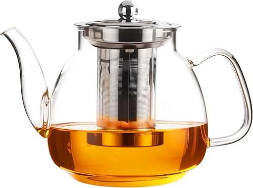 PARACITY Estufa de vidrio de 50 onzas50.7 fl oz, tetera con infusor de acero inoxidable 188 extraíble, tetera transparente de borosilicato, tetera