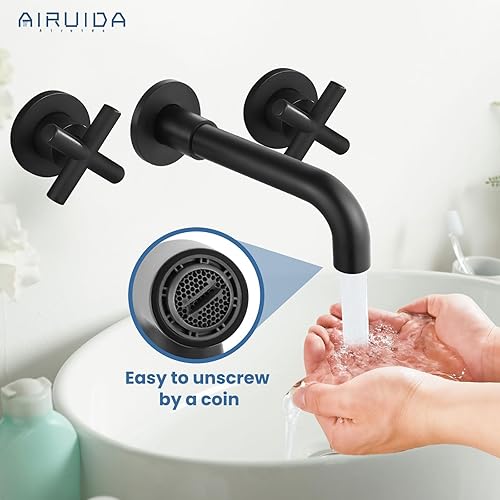 Miniatura 8 de Airuida Grifo de baño de montaje en pared negro mate, latón macizo, grifo de fregadero de baño montado en la pared, grifo giratorio 360 con doble