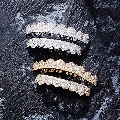 Jinao Diamond Grills 18K Gold Plated Gold Finish 8 Top Teeth 8 Bottom Tooth Hip Hop Mouth Grills For Men Women (Silver) #TOP2