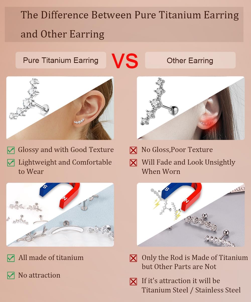 16G G23 Titanium Cartilage Earrings for Women Internally Threaded Cartilage Studs Hypoallergenic Butterfly CZ Helix Earrings Conch Daith Piercing Jewelry 6MM 8MM 10MM - Image 3