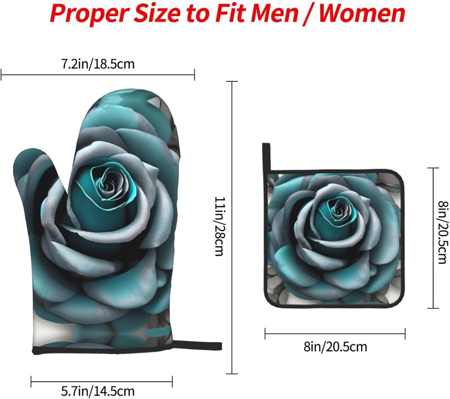 Teal Gray Rose Print Heat Resistant Microwave Gloves, Used for Baking, Cooking, and Fashion Kitchen Essentials