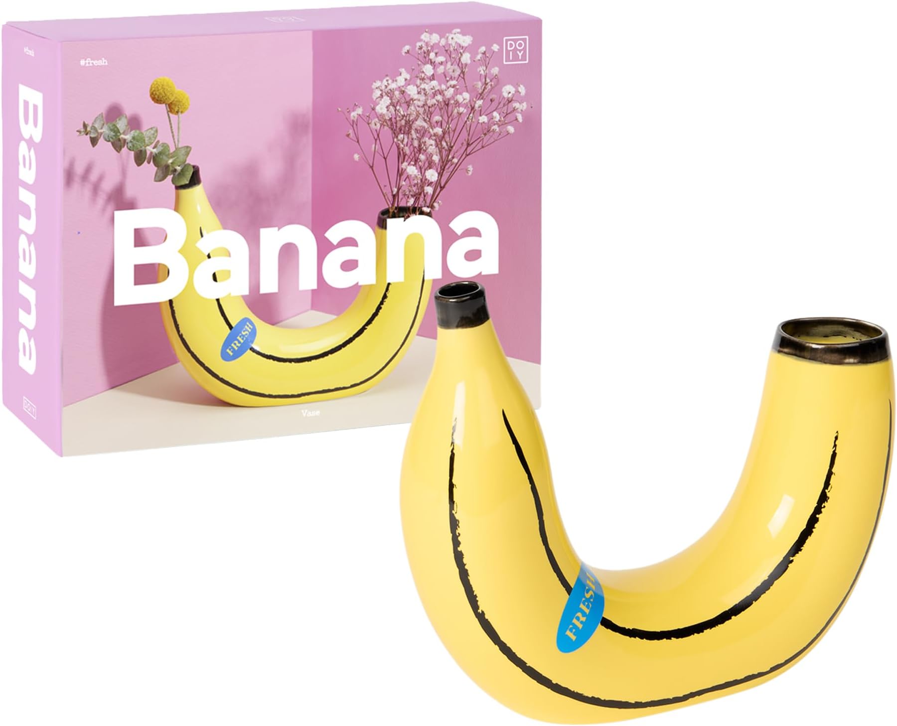 DOIYModern Decorative Vase - Design in the Shape of a Banana - Made of Ceramic - Flower Vase - Decorative Vase - Double Room - Yellow - 21.5x6x19 cm