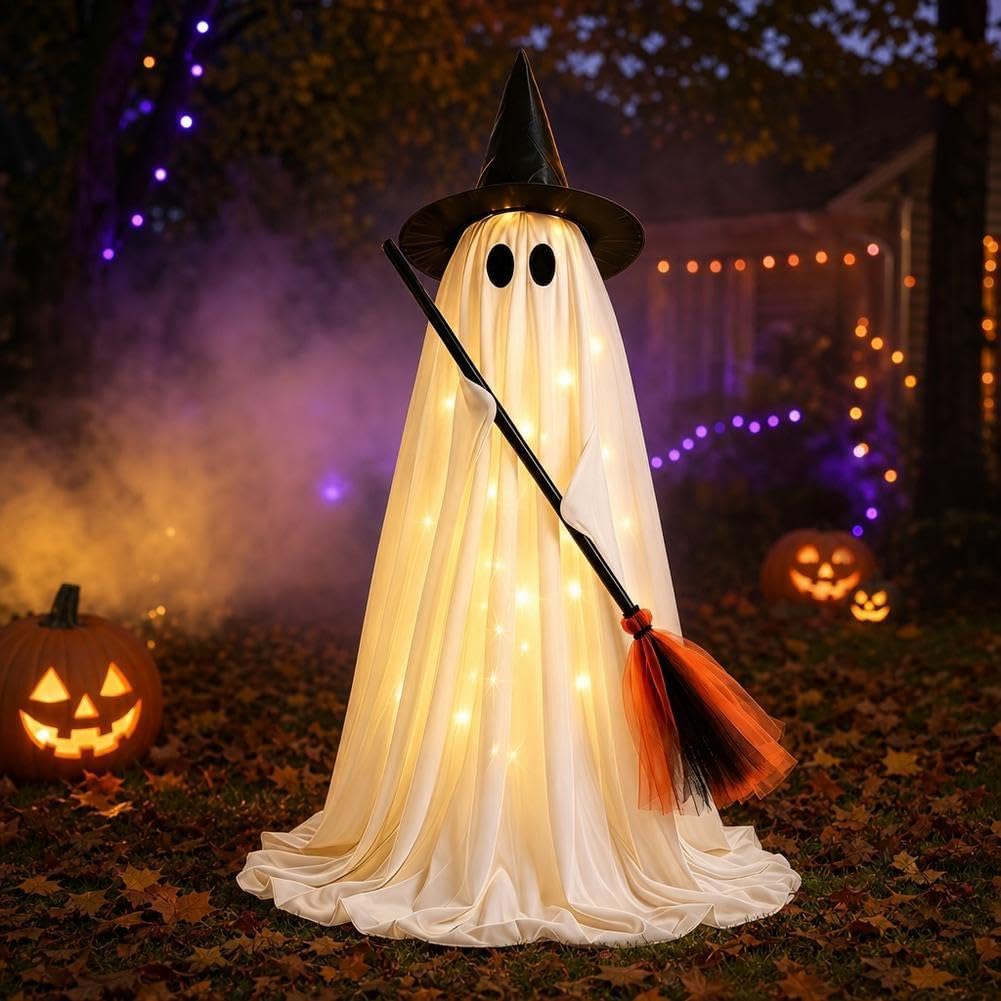 Decorazioni di Halloween all'aperto accende il fantasma, cappello da strega del portico 59IN scopa