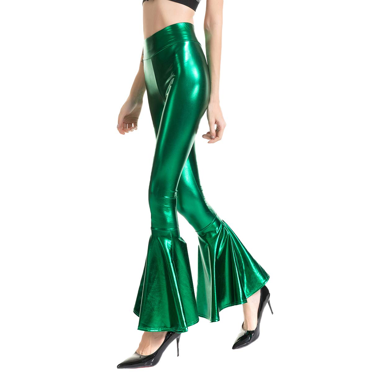 Women’s Metallic Wide Leg Pants Mermaid Wet Look Bell Bottoms Slim Fitted High Waist Stretchy Flared Trousers Rave Wear Adult Game Pole Dance Costume Green XL