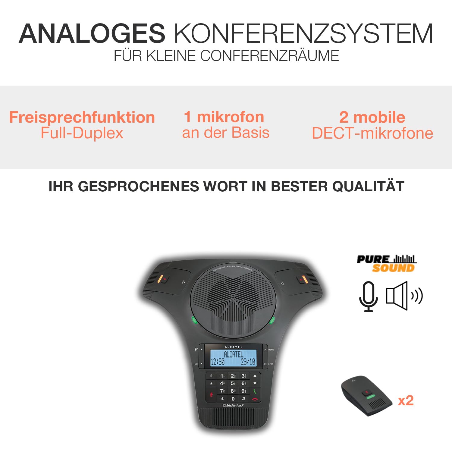 ALCATEL Conference 1500 - Analoges Gerät mit hoher Audioqualität - Büro/Home Office - Kleiner Besprechungsraum - 2 abnehmbare DECT-Mikrofone - Beleuchtetes Display mit Anrufer-ID - Freisprechfunktion