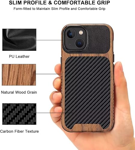 Miniatura 3 de TENDLIN Funda magnética compatible con iPhone 14, funda de grano de madera con textura de fibra de carbono, funda híbrida delgada de cuero