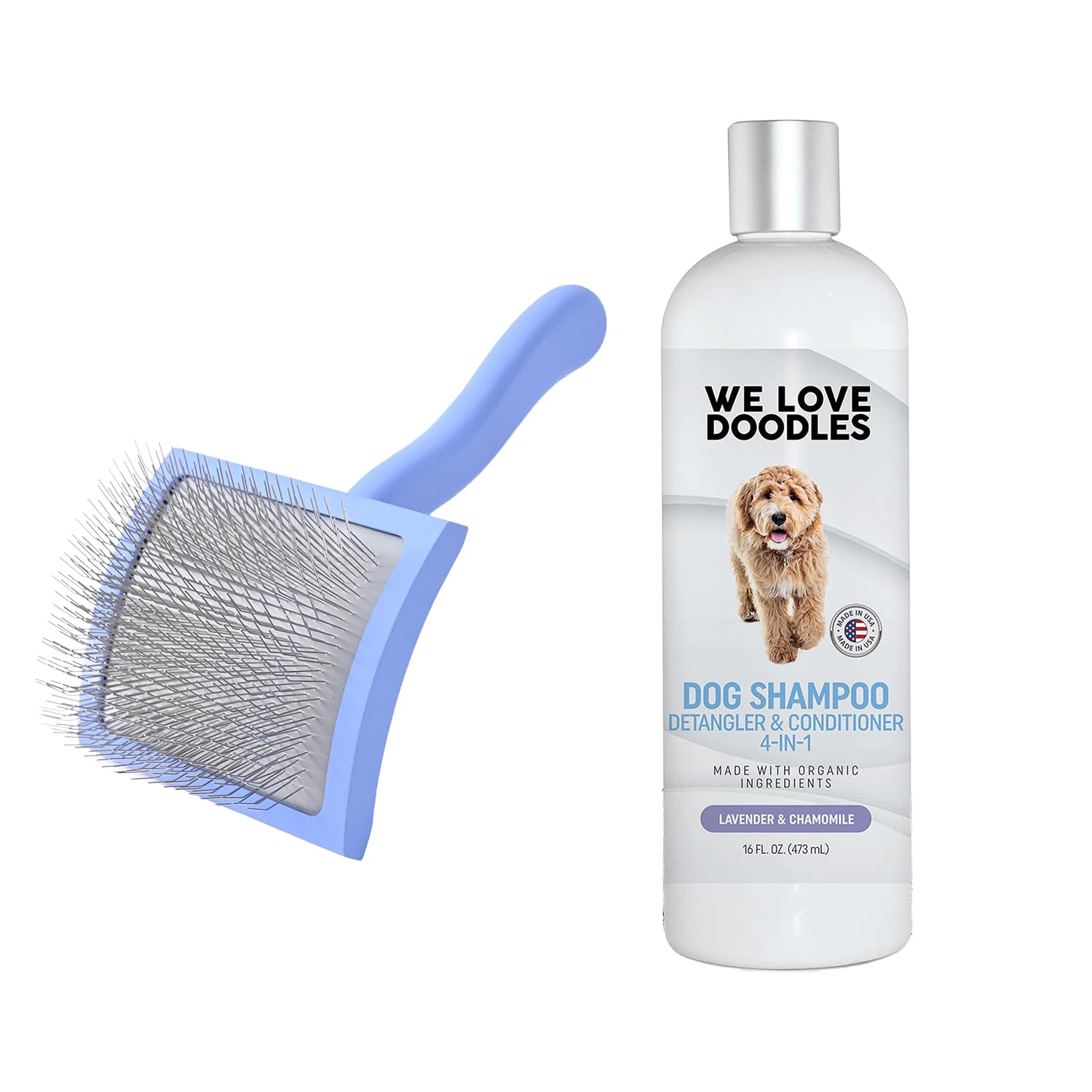 We Love Doodles Large Curved Slicker Brush and 4-in-1 Dog Shampoo (Lavender) Bundle - Goldendoodle Brush for Dematting & Shedding - Shampoo for Goldendoodles, Poodles & Doodles - Made in USA