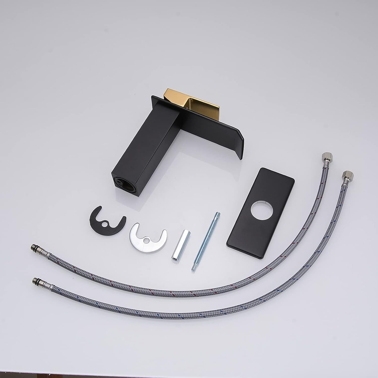 BWE Waterfall Bathroom Faucet Black and Gold Modern Single Handle Bathroom Sink Faucet Vanity Lavatory Washbasin RV Mixer Tap Commercial with Pop Up Drain and Deck Plate for Sink 1 or 3 Hole