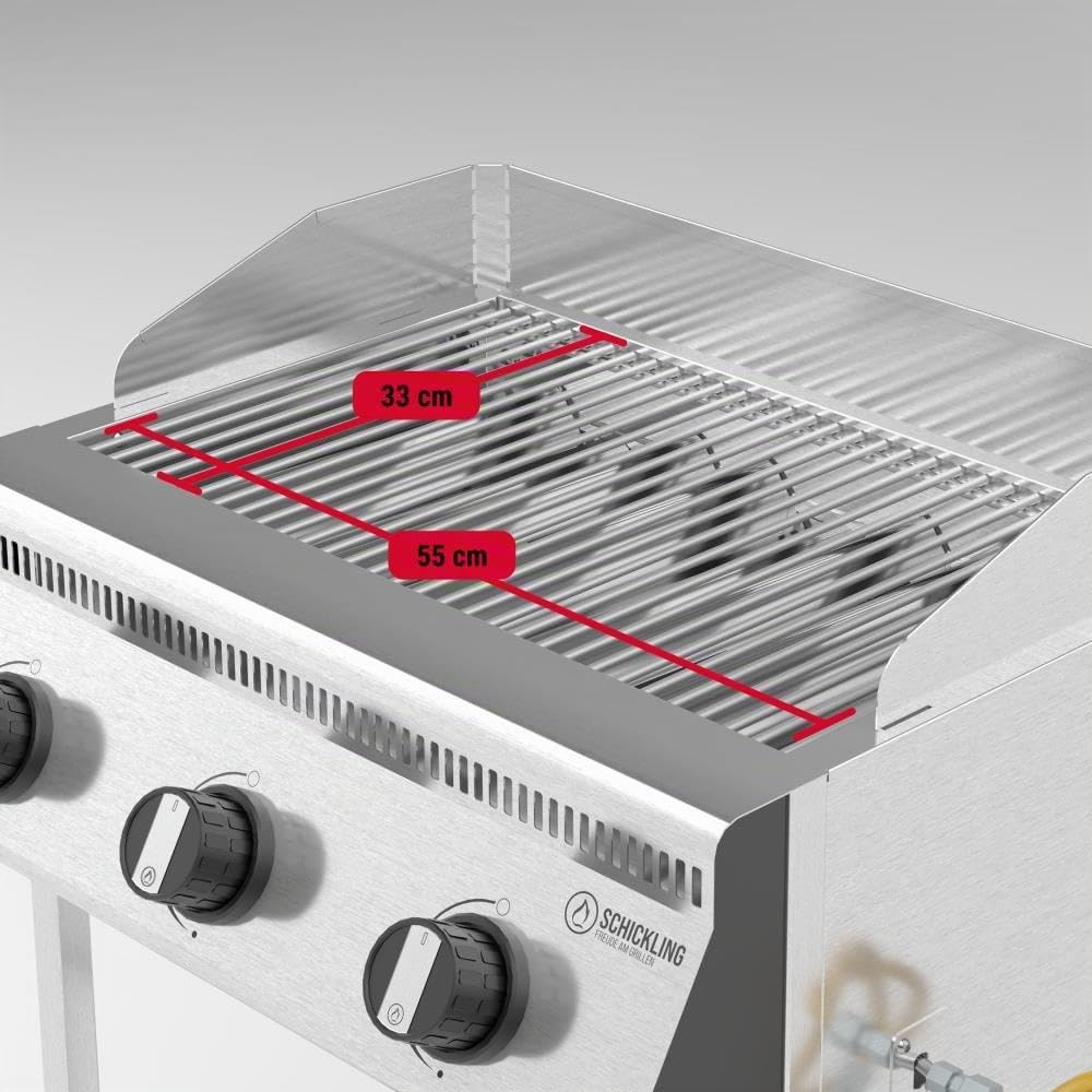 Schickling Gasgrill "Henry L - Basic" Premium BBQ Grillwagen komplett aus Edelstahl mit 3 Brennern – Made in Germany: 3-teiliger Grillrost, Fettschublade | Grillfläche: 55 x 33 cm