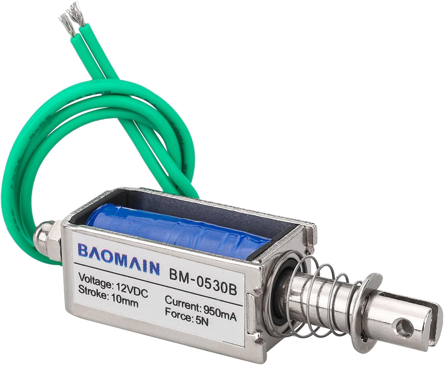 Baomain DC 12V Solenoid Electromagnet, 1A Travel 10mm, Keepping Force 5N PushPull, Linear Solenoid BM-0530B