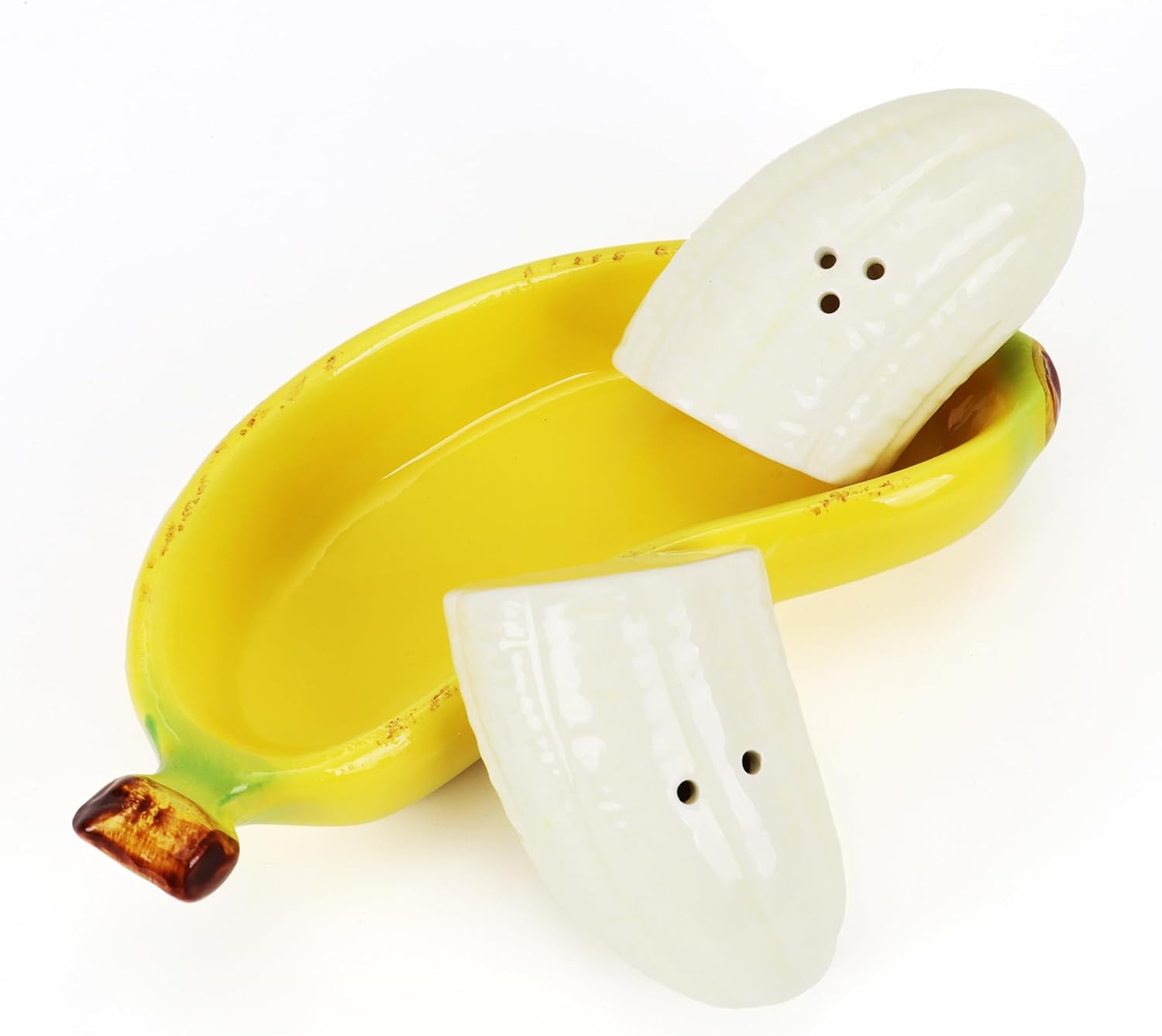 Banana Salt and Pepper Shakers Set with Banana Boat Tray – Hand-Painted Ceramic Kitchen Decor, Cute Fruit Tableware, Fun Tropical Dining Accessory, Unique Gift for Home (1 Pack)