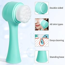 Beomeen Face Brush 2 in 1, Facial Cleansing Exfoliating Scrubber Brush, Silicone Double Side Manual Face Wash Scrub Brush with Soft Fiber for Deep Pore Cleansing, Massaging, Skin Care,Green