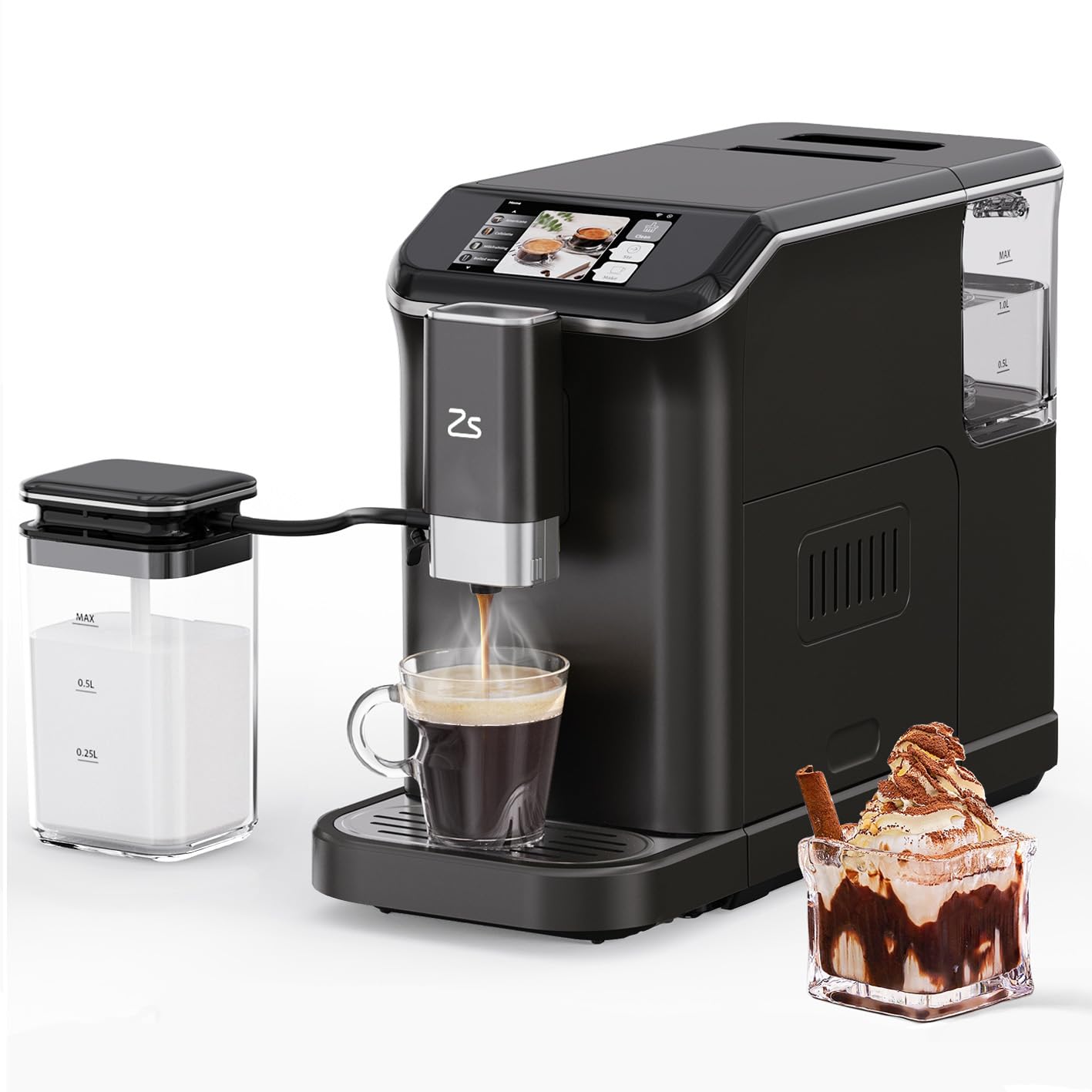 Fully Automatic Espresso Machine, Coffee Espresso Machine with Automatic Milk Frother for Latte, Cappuccino, Built-in Grinder, One-Touch Single/Double Shot for Espresso, 7 Coffee Varieties