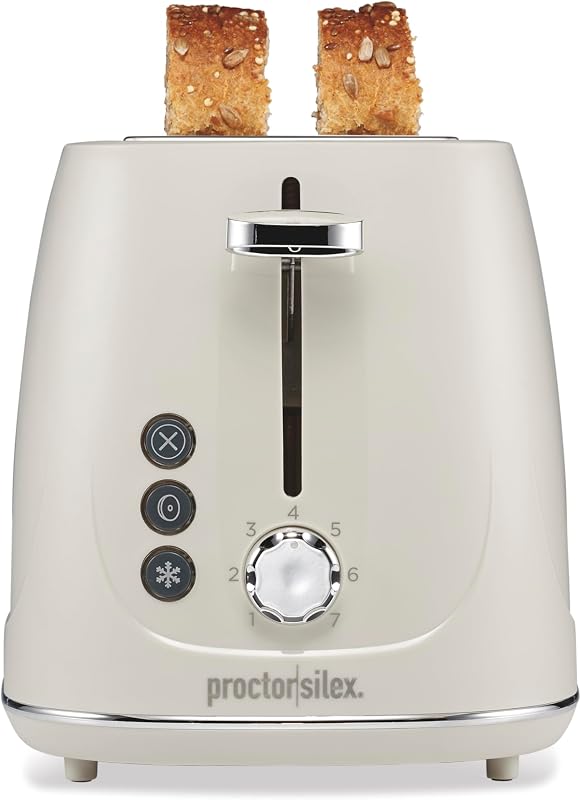 Proctor Silex 2 Slice Toaster With Bagel, Defrost & Cancel Buttons | Browning Control With 7 Shades | Auto Shutoff | Wide Slots | Toast Boost | Slide-Out Crumb Tray | Oat White | 22660