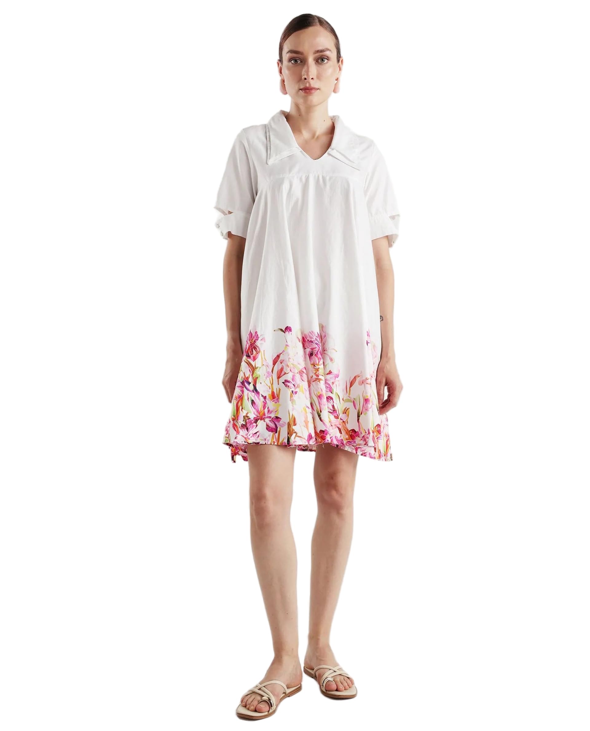 rareism Flared Floral White Cotton Blend V-Neck Short Sleeve Dress-picture-50