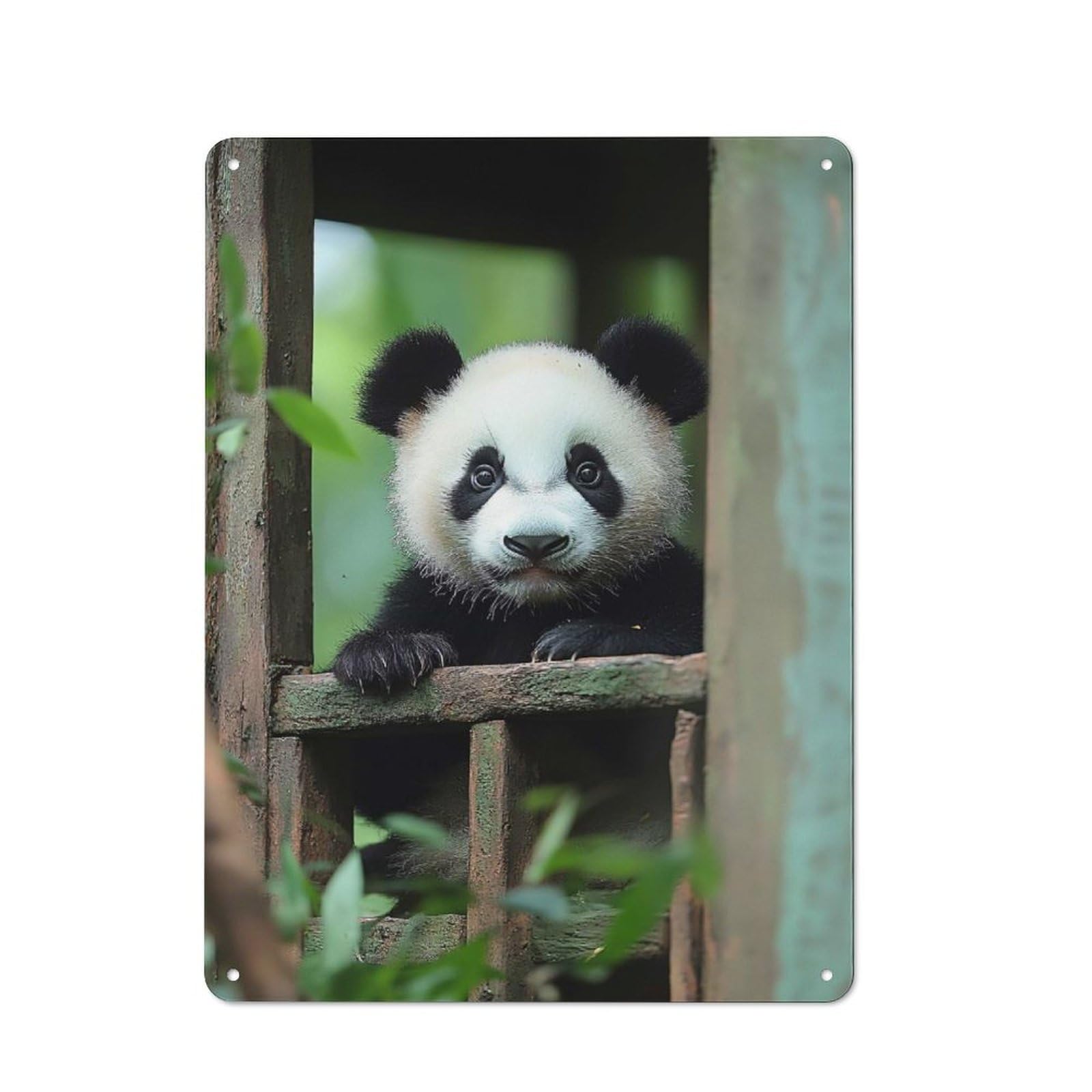 Workshop Style Garage Metal Sign 40x30cm Featuring Cute Panda Cub Peeking Out, Industrial Wall Art for Garage, Hobby Room, Office Or Man Cave