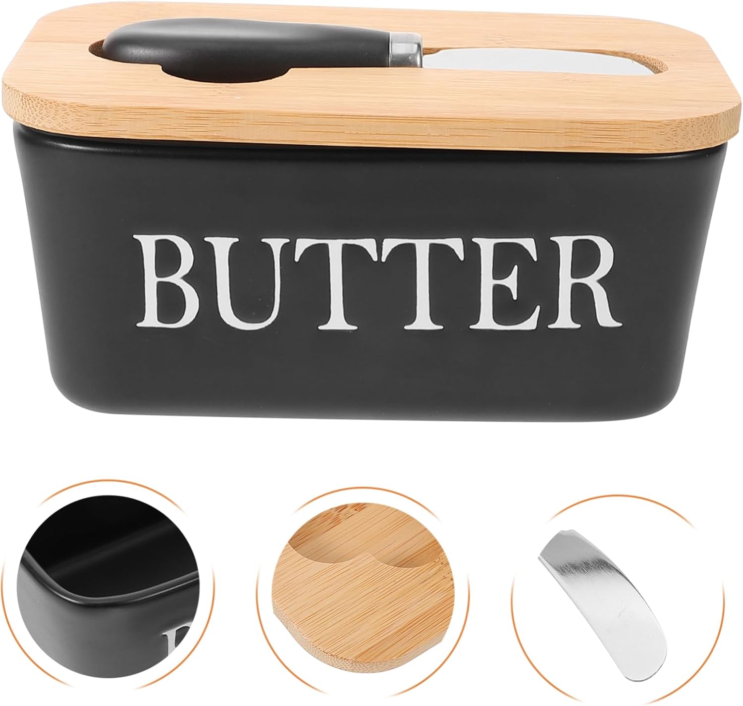 Ceramic Butter Dish with Wooden Lid Airtight Kitchen Butter Holder for Condiments Elegant Serving Tray with Cutter Restaurants and Home Use