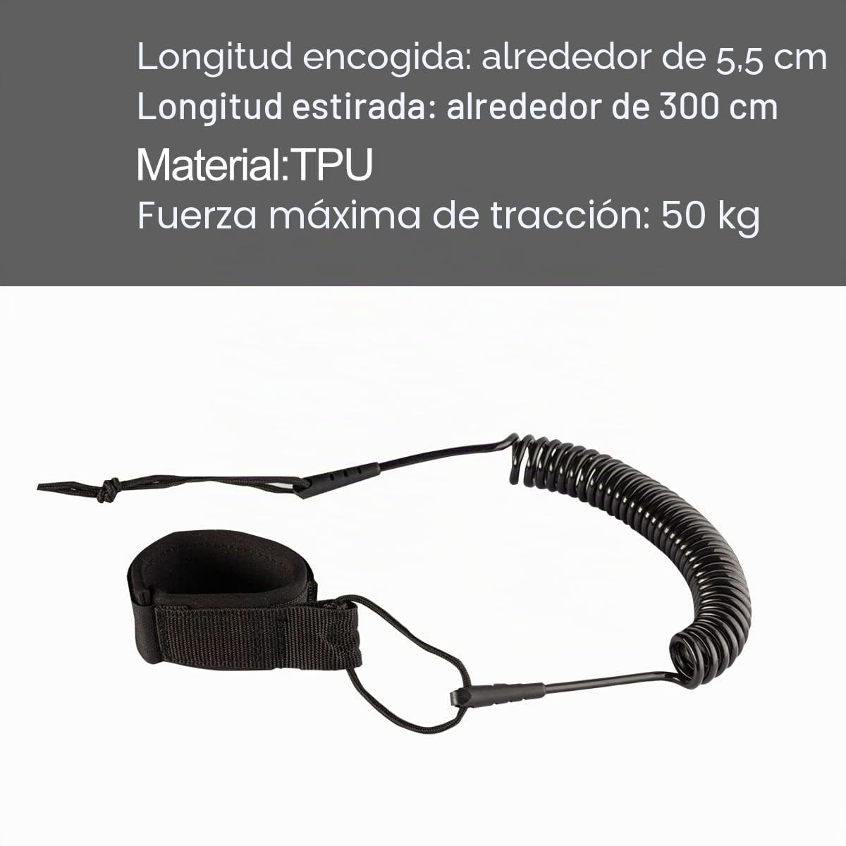 Helweet Leash De Surf Spiralé TPU – Longueur 3 M, Résistance 50 Kg, Cheville Rembourrée, Anti-emmêlement