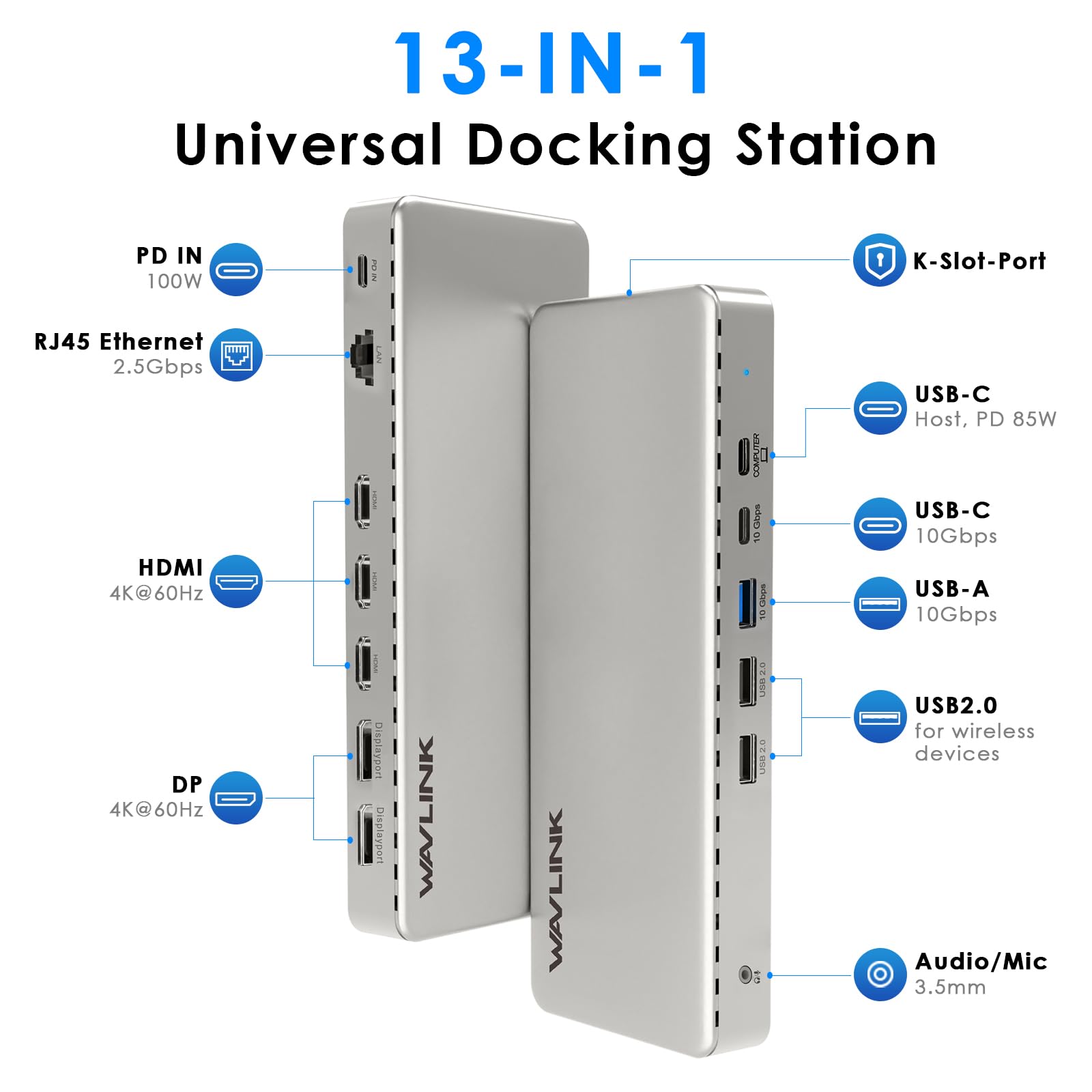 WAVLINK Stacja dokująca na 3 monitory, stacja dokująca SM770 z 3 HDMI, 2 DP, wejście PD 100 W, USB A&C 10 Gbps, Ethernet 2,5G, kompatybilna z Intel Mac, sterownikiem SMI i hostem USB 3.2 Gen 2