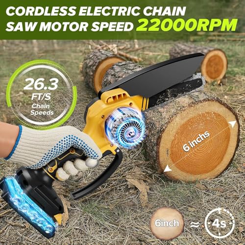 Image of Roslen Mini Chainsaw Cordless With 2 Rechargeable Batteries, Chainsaw Machine 6 inch Cutting Area Wide Heavy Duty, Battery Powered Chainsaw for Wood Working, Tree Trimming (Yellow)