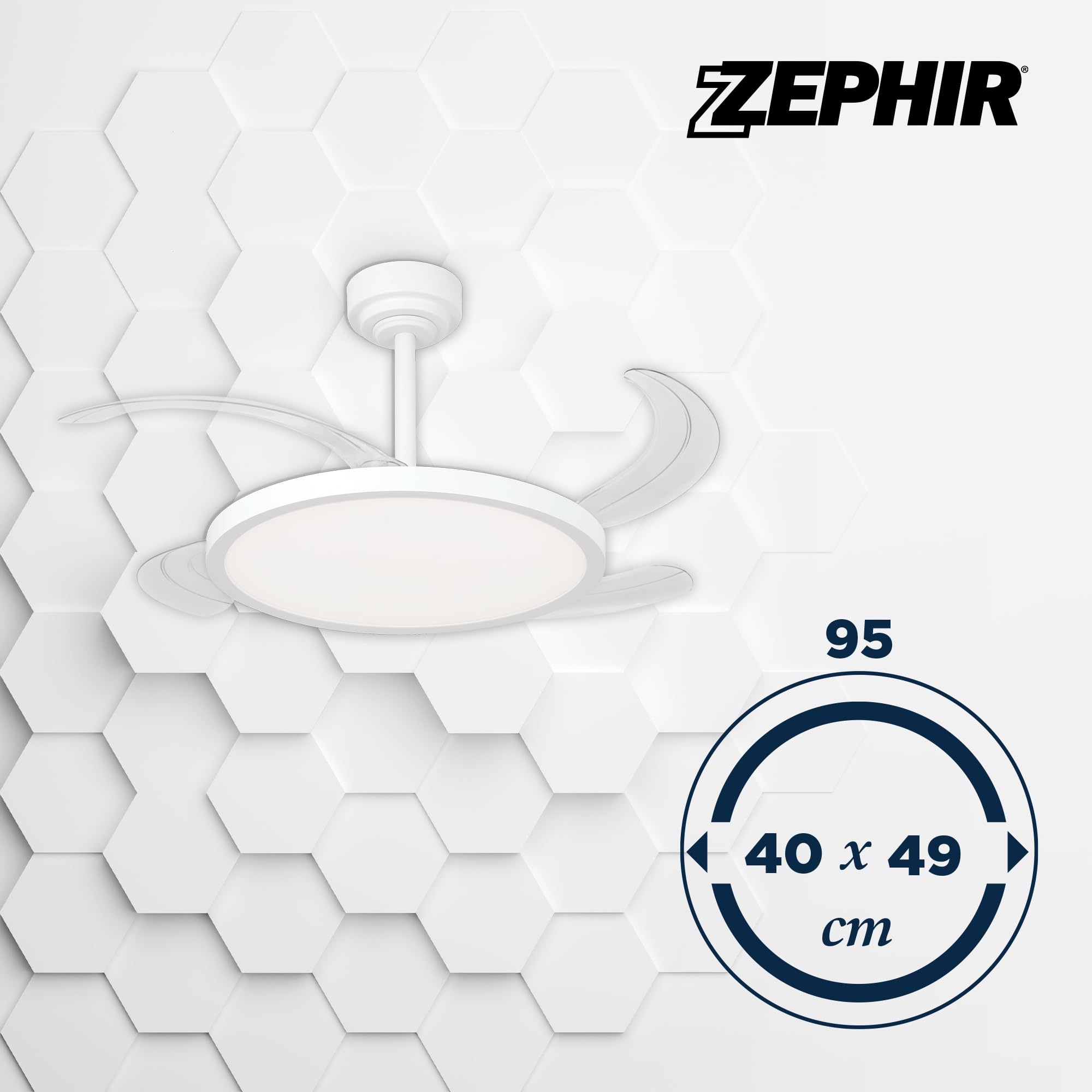 Zephir Ventilatore LED Con Pale A Scomparsa, Luce Bianca CCT 40W, 6 Velocità, Timer, Funzione Reverse E Notturna, 4 Pale Trasparenti, 40x49 Cm