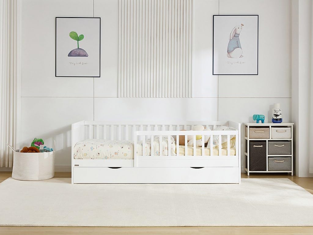 Vente-unique - Cama 90 x 190 cm con cajón - Pin y MDF - Blanco - PROVIATI - para niños