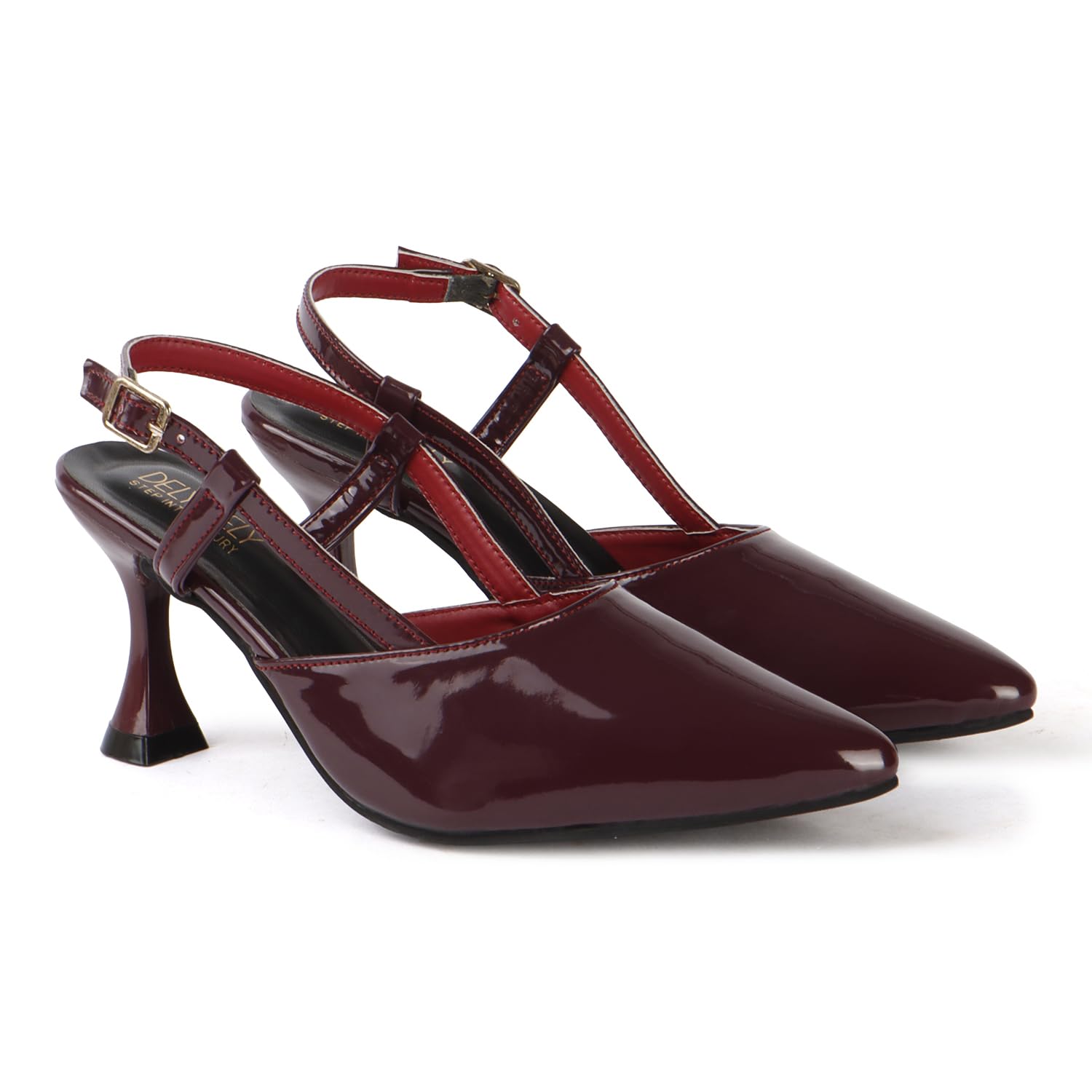 dely bely step into luxury Women's Pointed-Toe Slingback Heels, Patent Leather, Beige, Flared Heel-picture-14