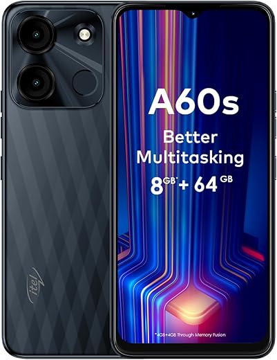 Itel A60s (4GB RAM + 64GB ROM, Up to 8GB RAM with Memory Fusion | 8MP AI Rear Camera | 5000mAh Battery with 10W Charging | Faceunlock & Fingerprint -Shadow Black