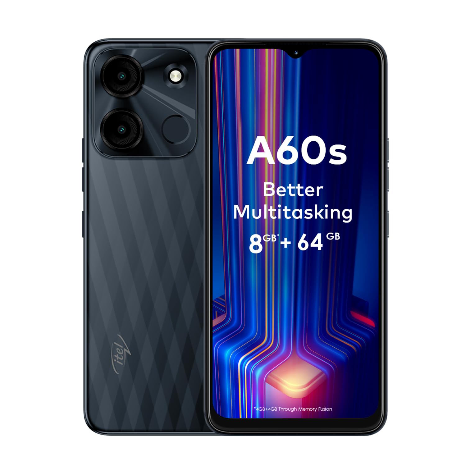 itel A60s (4GB RAM + 64GB ROM, Up to 8GB RAM with Memory Fusion | 8MP AI Rear Camera | 5000mAh Battery with 10W Charging | Faceunlock & Fingerprint -Shadow Black