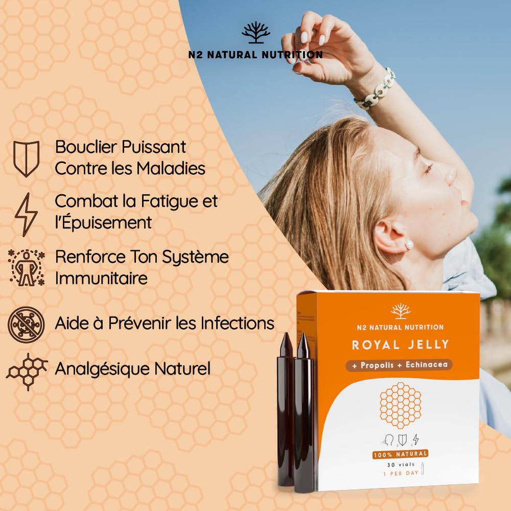 Gelee Royale Propolis Echinacea 200mg Vitamine C 60 Ampoules Anti Fatigue Royal Honey Renforcement Organisme Arôme Orange N2 Natural Nutrition
