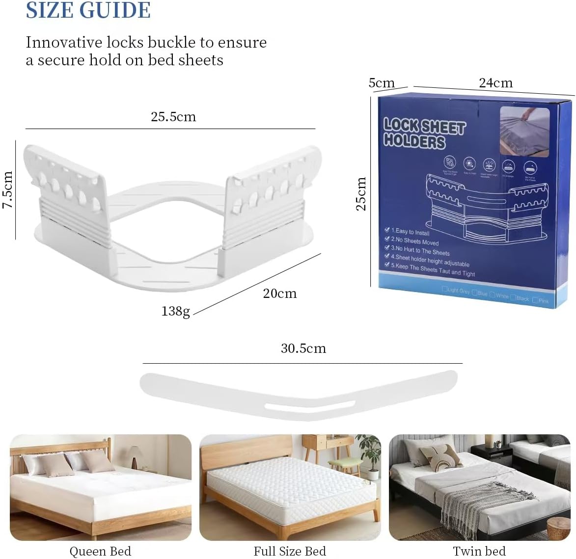 Bed Sheet Holders for Corners，Sheet Holders Foldable，Sheet Locks to Keep Bedding Tight and in Place, Fits Most Mattress Types，White (4-Piece Set)